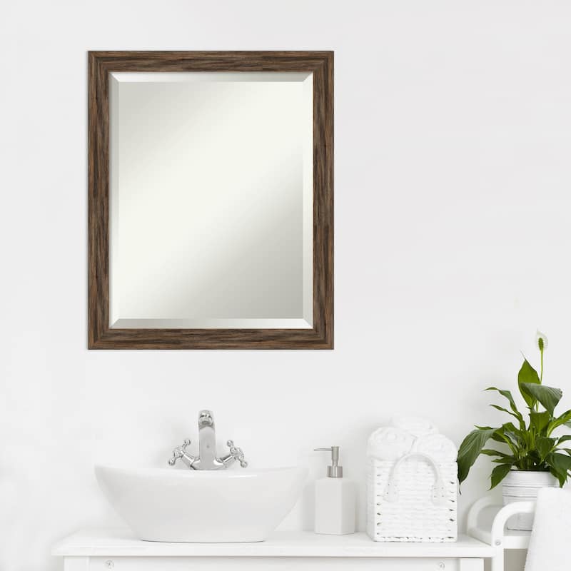 Beveled Wood Bathroom Wall Mirror - Regis Barnwood Mocha Narrow Frame - Regis Barnwood Mocha Narrow