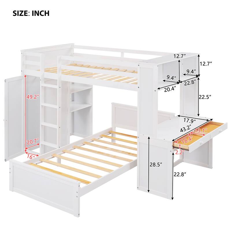 Space-Saving Twin Loft Bed with Desk, Shelves, Wardrobe, and Additional Bed