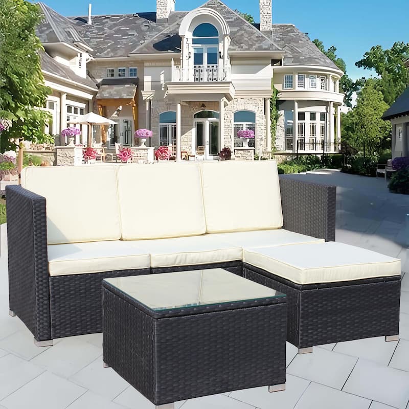 Outdoor Garden Patio Furniture, 5-Piece PE Rattan Wicker Cushioned Sofa Sets Patio Furniture Set with Coffee Table