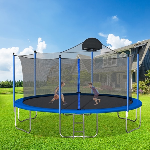 slide 2 of 31, 10FT trampoline with basketball hoop and 360-degree safety net 166*166*110