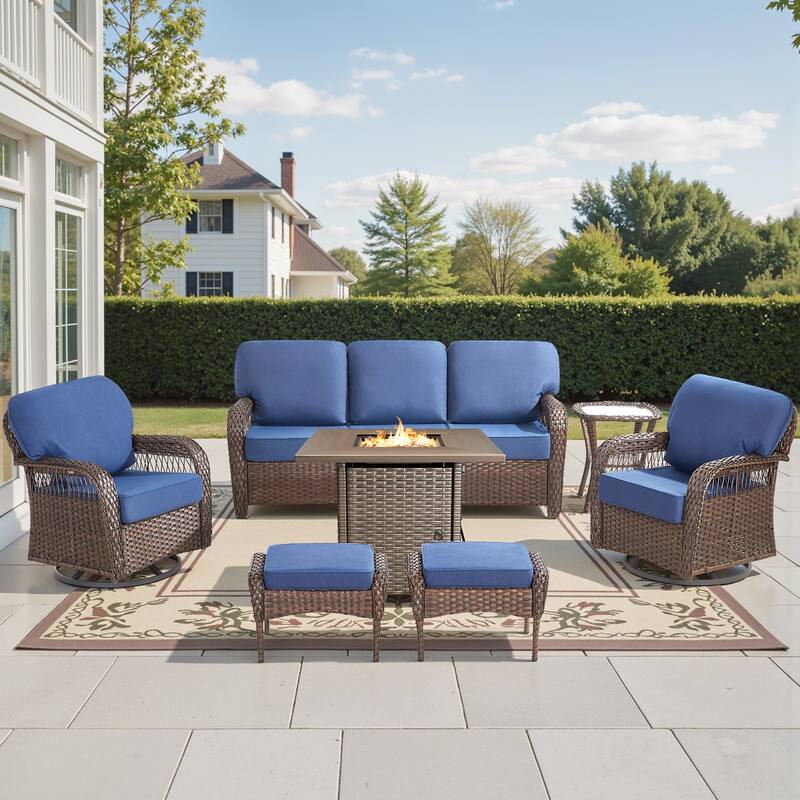 Pocassy Outdoor Sofa Ottoman Swivel Chair Table with Fire Table Funiture Set. - Brown Wicker Blue Cushion - 7-Piece Sofa Chair Table Ottoman w/ Fie Table