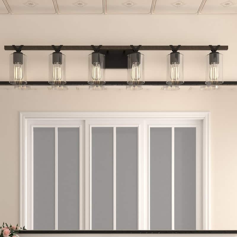 Roundhil 6-lights Farmhouse Faux Wood Grain Bathroom Vanity Light with UL Certified - 49'' W x 8'' H x 5'' D - Weathered Walnut