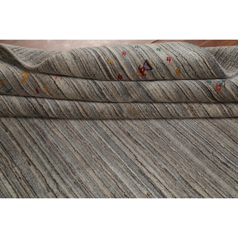 Striped Gabbeh Square Rug Hand-Knotted Gray Wool Carpet - 7'11"x 7'11"