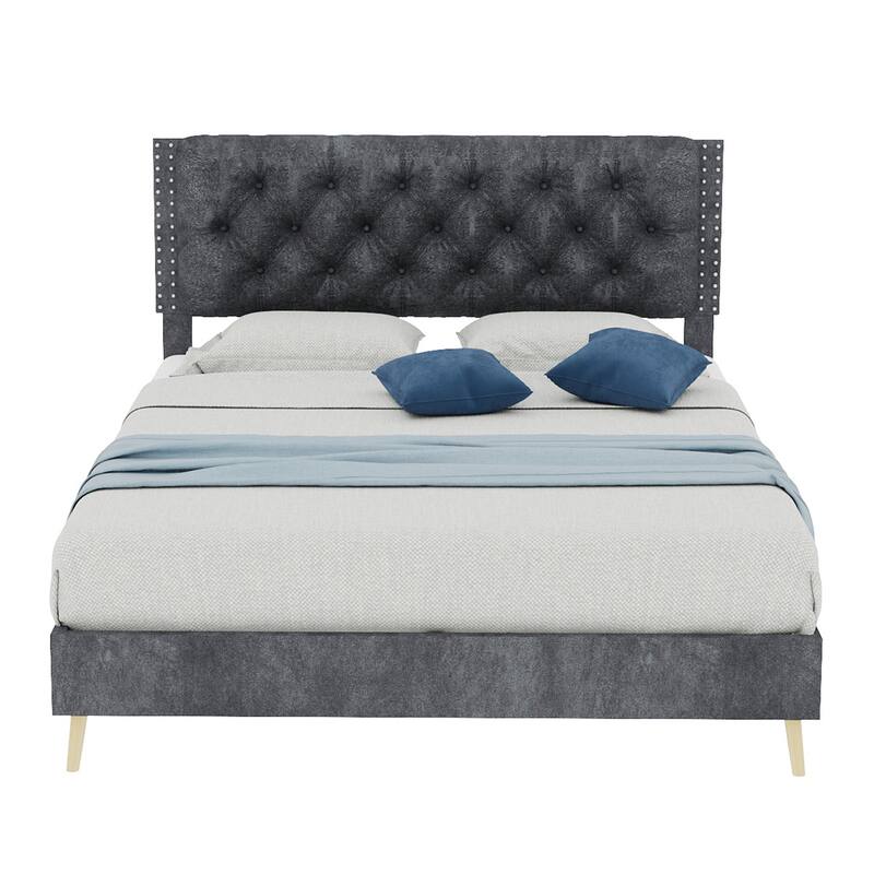 Modern Upholstered Platform Bed Frame with Tufted Headboard/Wood Slats Support/Noise-Free Stable Structure/No Box Spring Needed - Grey - Full