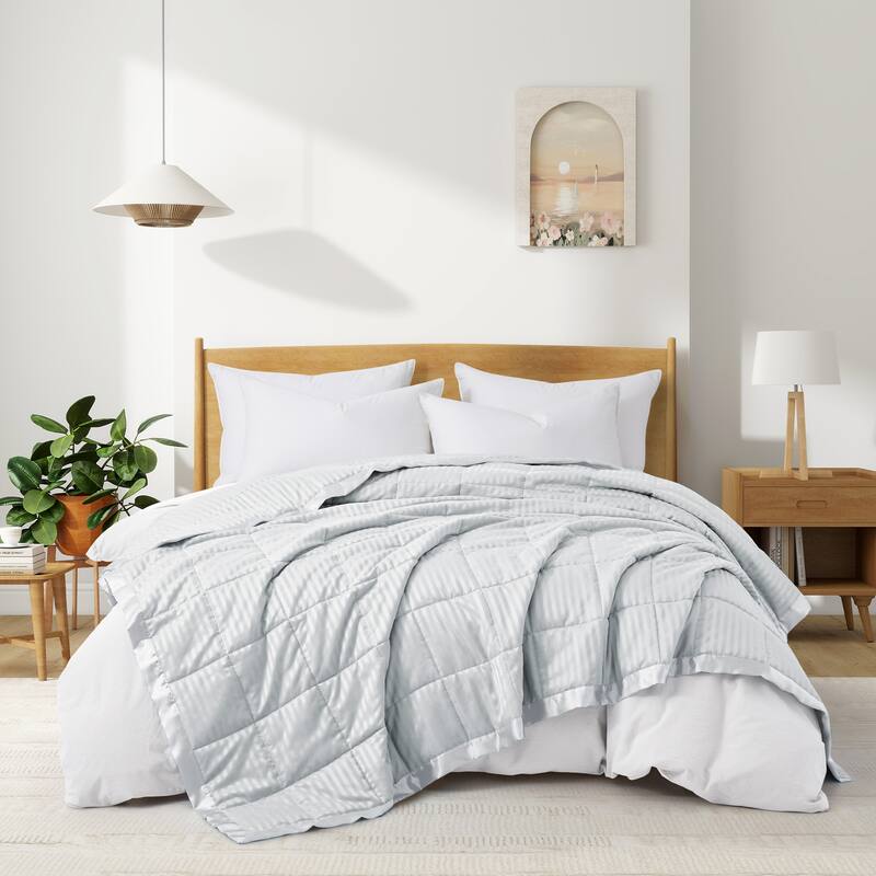 Hotel Quality Luxury Lightweight Jacquard Soft Bed Blanket with Satin Trim, Cozy and Warm - Full/Queen - Light Gray