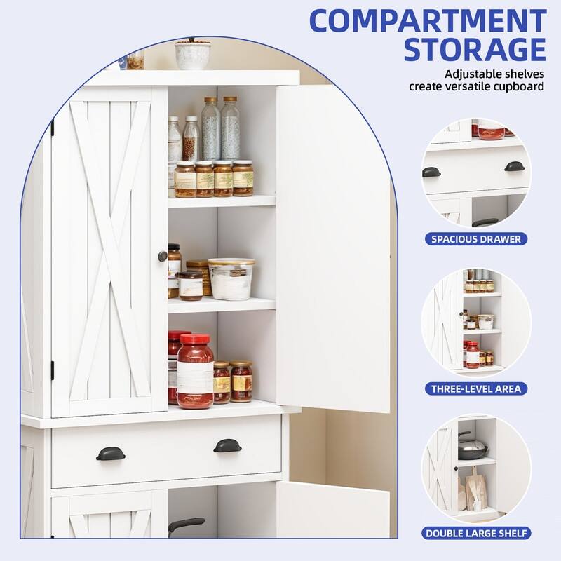 Farmhouse Kitchen Storage Pantry Cabinet with with 4 Barn Doors and Large Drawer & Adjustable Shelves