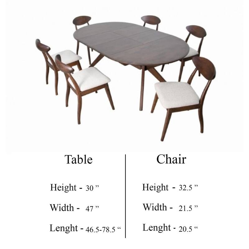 Mikie 7pc Extendable Dining Table Set, 6 Ivory Fabric Chairs, Brown