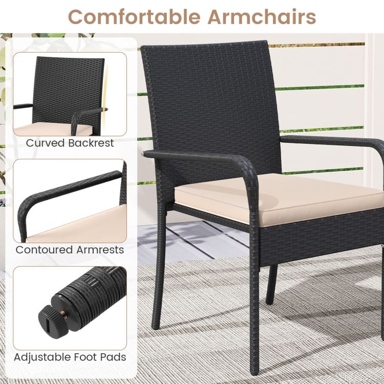3 Piece Black PE Rattan Patio Set with Metal Frame, Cushions and Glass Table - Chair: 23" x 22.5" x 35"