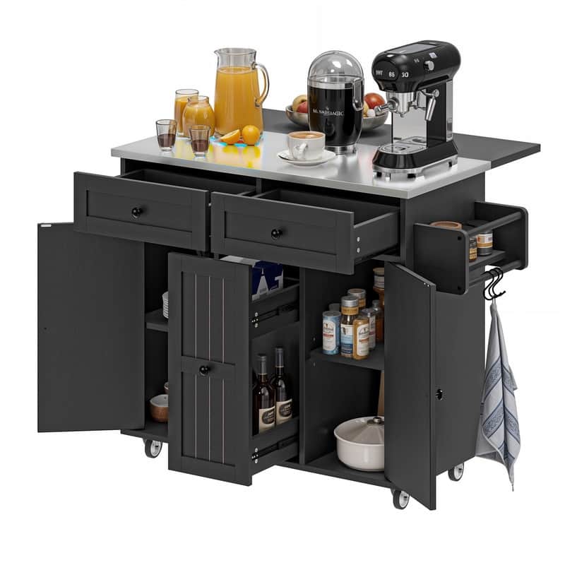 Moasis Mobile Kitchen Island Cart with Stainless Steel Ffolding Tabletop and Storage