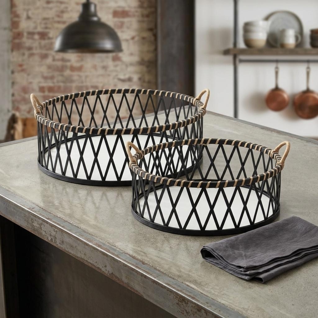 HomeRoots Set of Two Black and Tan Round Bamboo Serving Tray With Handles - 18.75 in. x 2.75 in. x 18.75 in.