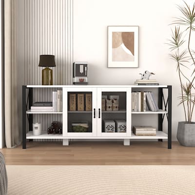 Contemporary Open-Shelf TV Stand – Industrial Style ,80-Inch Wide with Wood and Metal Construction