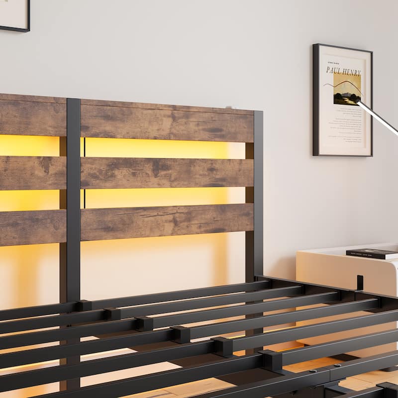 Queen Size Metal Bed Frame with Wooden Headboard, RGB Lights, Charger, Storage Shelf, Brown