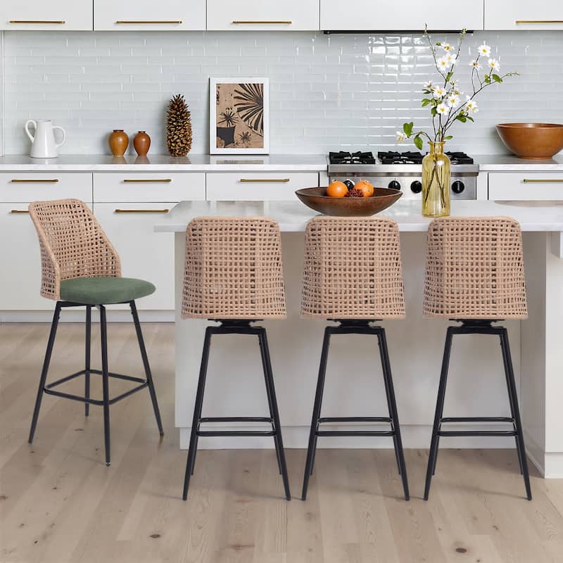 Chenille Counter Height Swivel Bar Stools Rattan Back with Metal Legs