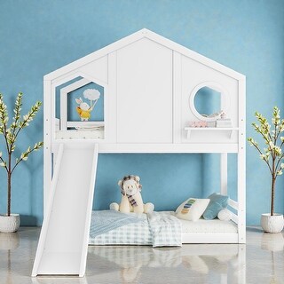 Twin House Bunk Bed with Slide and Storage Shelves, Solid Wood Kids ...