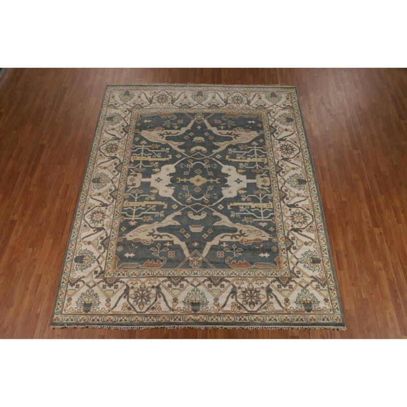 Blue Gray Oushak Indian Area Rug Handmade Wool Carpet - 8'1" x 9'11"