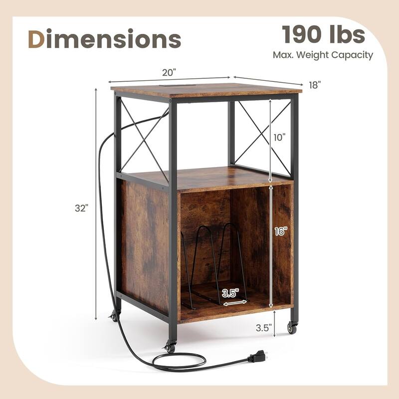 Record Player Stand w/Charging Station Storage Side Table on Wheels