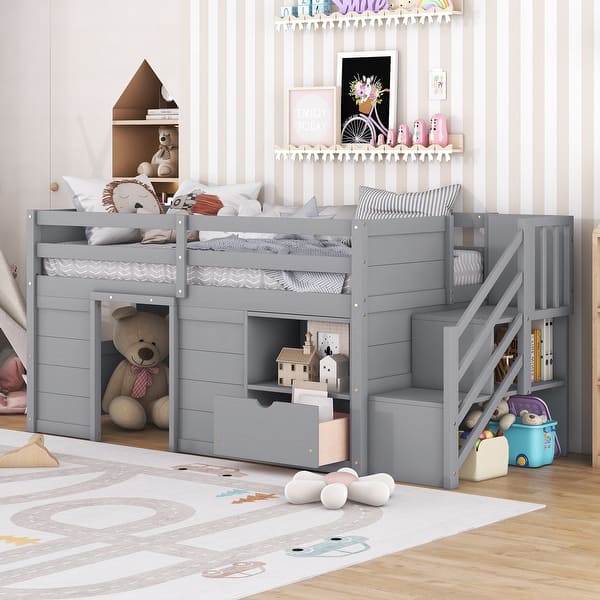 slide 2 of 11, Solid Wood Twin Size Low Loft Bed Frame with Stairs, Drawer, & Shelf, Modern Kids Bed with Storage for Small Rooms, Grey Grey