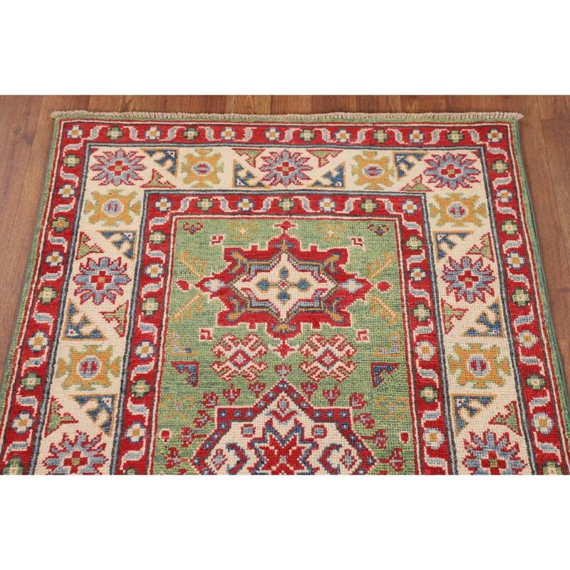 Light Green Kazak Oriental Accent Rug Handmade Wool Carpet - 2'9" x 4'1"