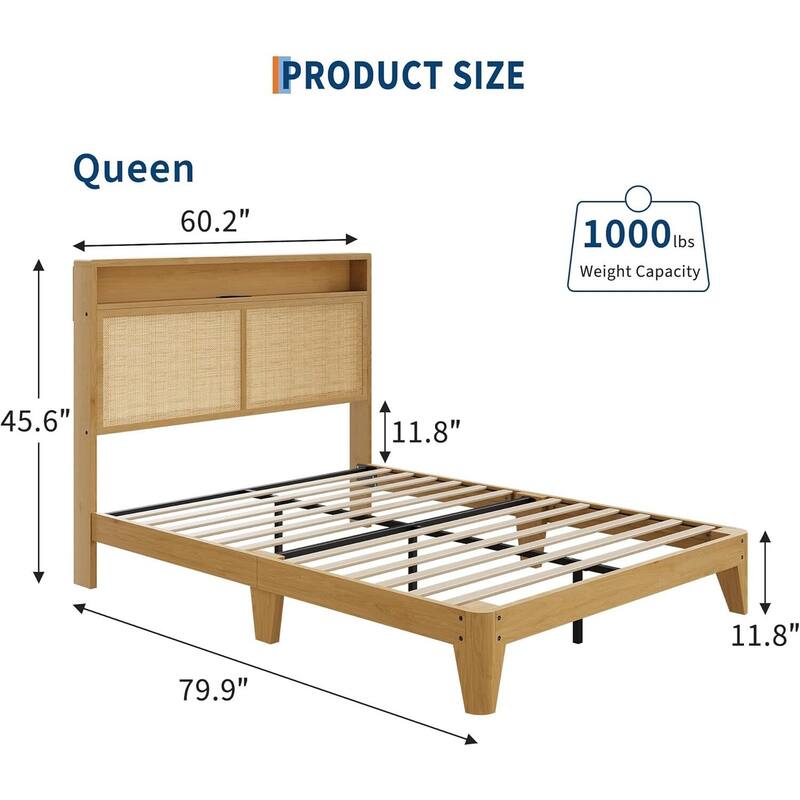 Rattan Bed Frame, with LED Lights & Charging Station