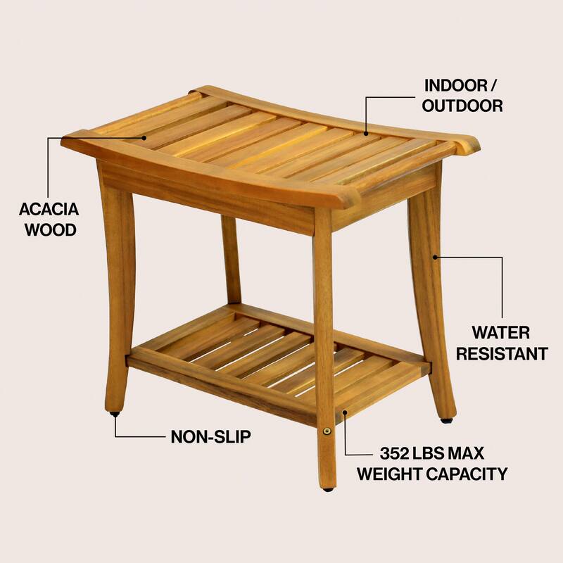 Tucker 22.1" Slatted Acacia Wood Indoor/Outdoor Shower Bench w/ Shelf & Handle, By JONATHAN Y - 22.1L x 12.99W x 18.5H