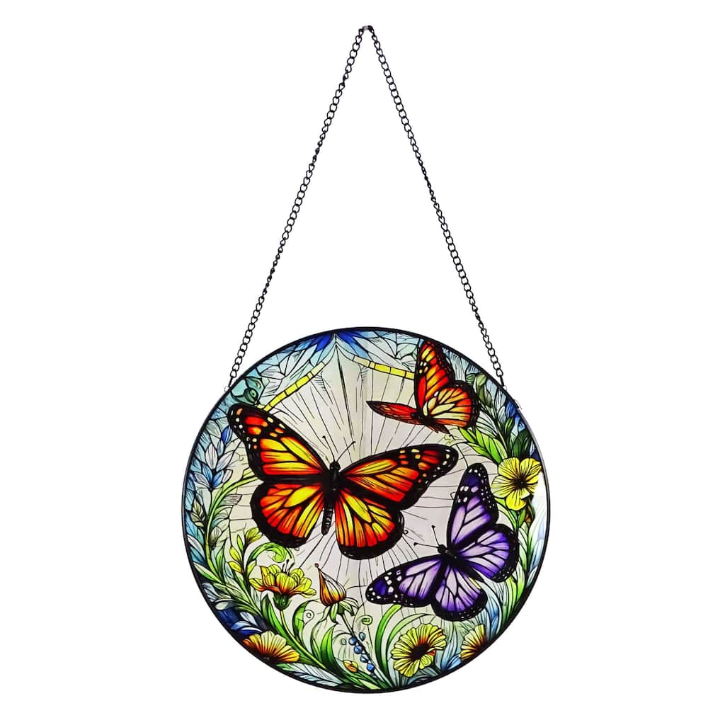 Alpine Corporation KQX285HH Stained Glass Butterfly Suncatcher, 8" Floral Window Panel, Colorful Monarch & Purple, 13" Hanging