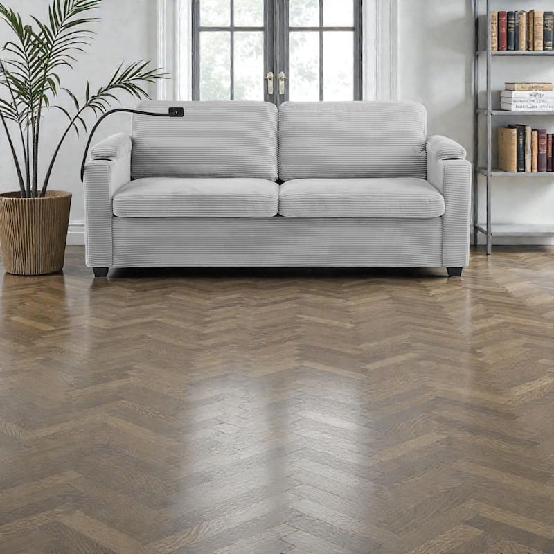 72.8" Corduroy Sleeper Sofa, Full Size Loveseat Bed with Mattress, USB Ports, Cup Holders, Side Pockets & Phone Holder