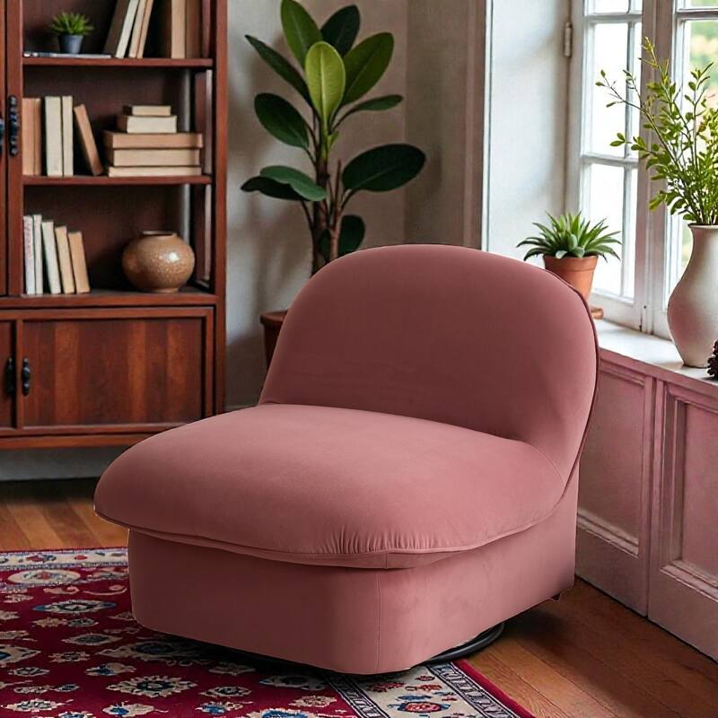 Swivel Accent Chair with 360 Degree Metal Base, Velvet Upholstered Pumpkin Chair for Living Room Bedroom - Coral