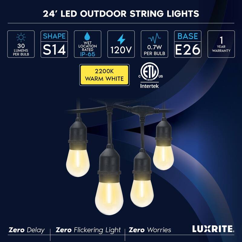 Luxrite 24FT LED Outdoor String Lights Commercial Grade Waterproof, 12 S14 Shatterproof Bulbs, IP65, Patio Garden Cafe - 24 FT
