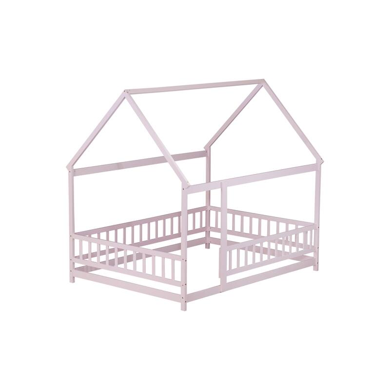 Full Size House Floor Wooden Bed with Roof Frame, Safety Guardrails