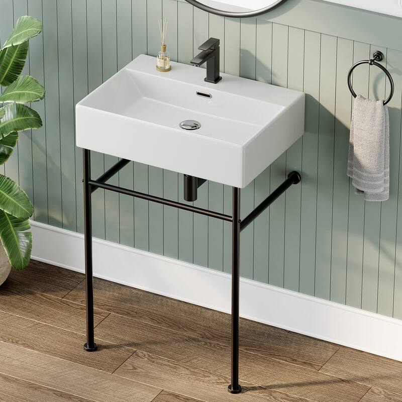 HOROW 24 in. Ceramic White Rectangular Bathroom Console Sink with Black Legs and Overflow - Black