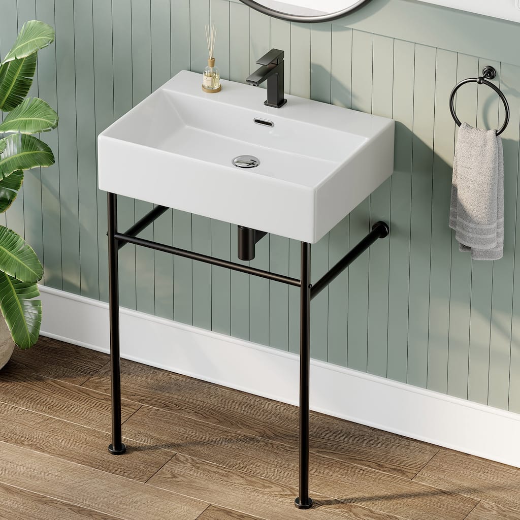 HOROW 24 in. Ceramic White Rectangular Bathroom Console Sink with Black Legs and Overflow