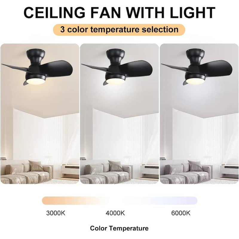 23" Bedroom Ceiling Fan With 3 Color Dimmable 3 ABS Blades Remote Control With Led Light - Black