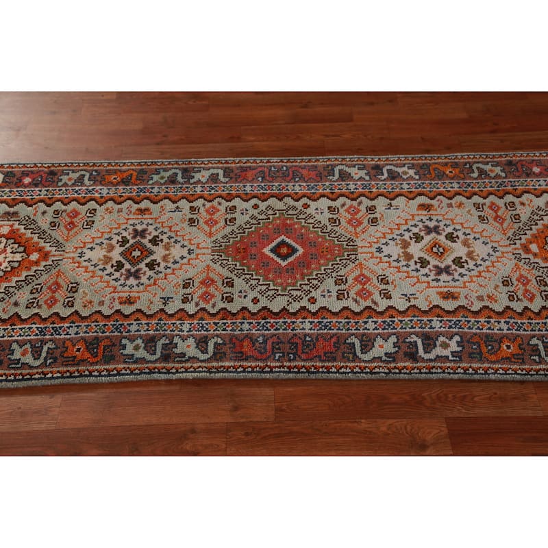Hand Knotted Oriental 100% Wool Carpet Traditional Geometric Green Heriz (serapi) Runner Rug - 8' 2'' X 2' 6''