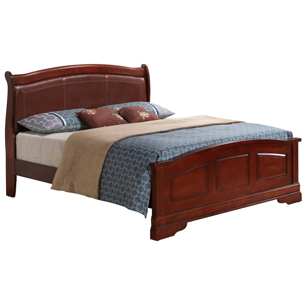 Cherry Upholstered Panel Bed - 65" Wide Curved Headboard Faux Leather - Multiple Sizes