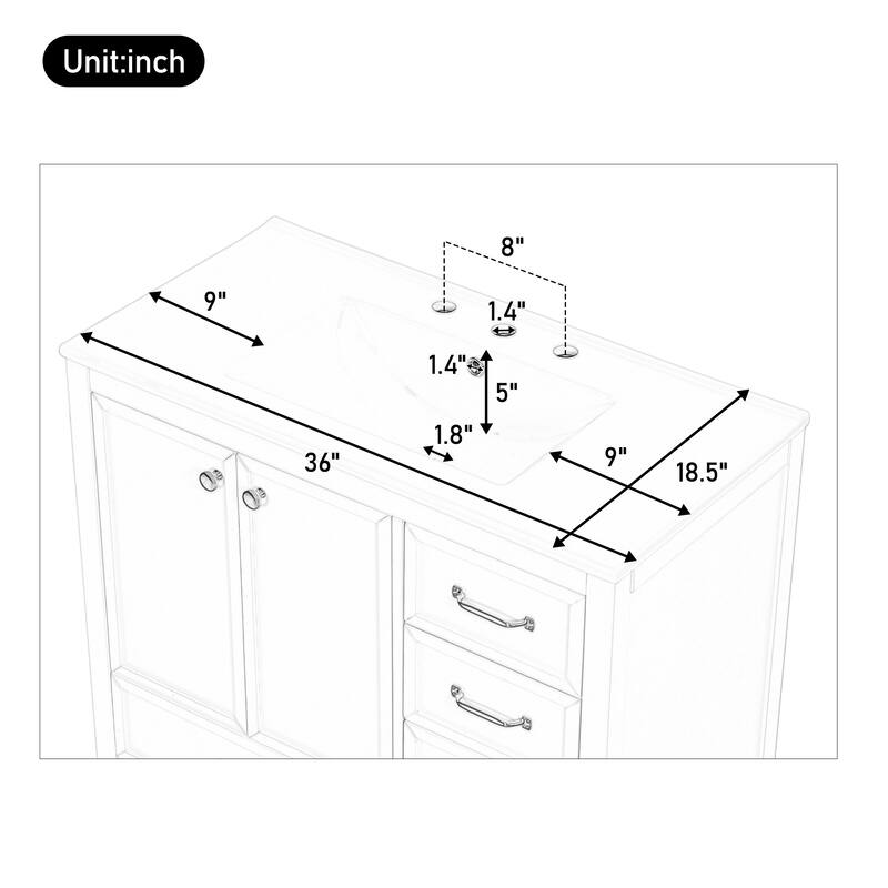 Solid Wood Frame Bathroom Vanity Cabinet with Ceramic Sink Combo, 36"