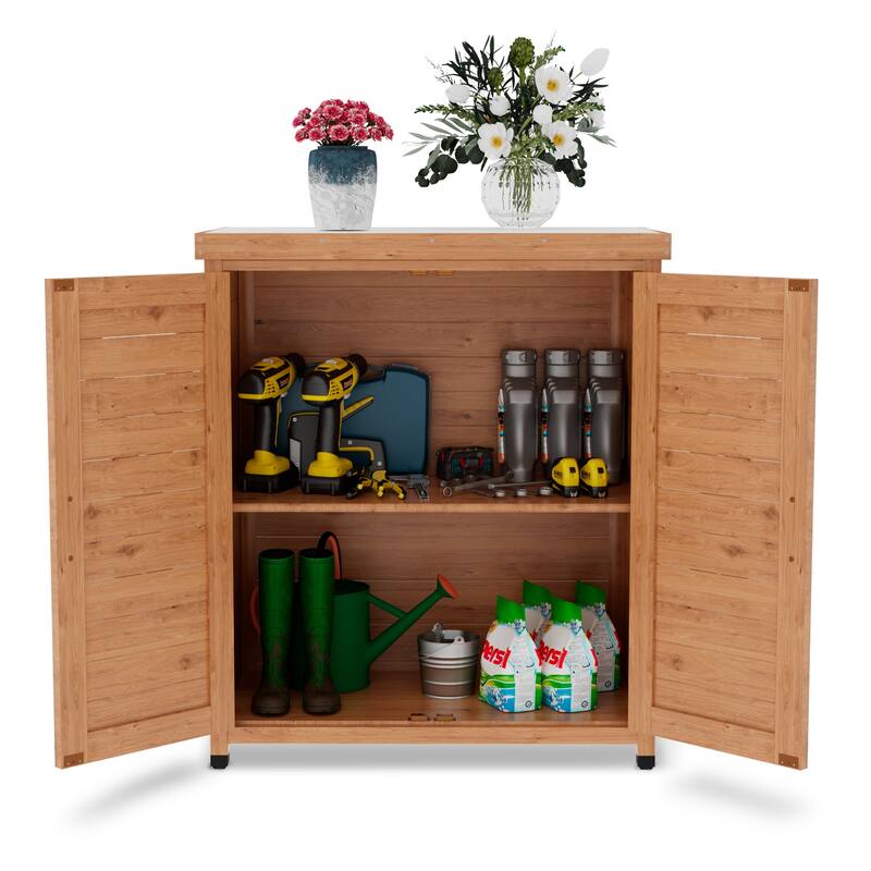 Wooden Patio Furniture with Metal-Tabletop, Potting Bench with Storage Cabinet, Outdoor Patio Storage Cabinet with Shelves