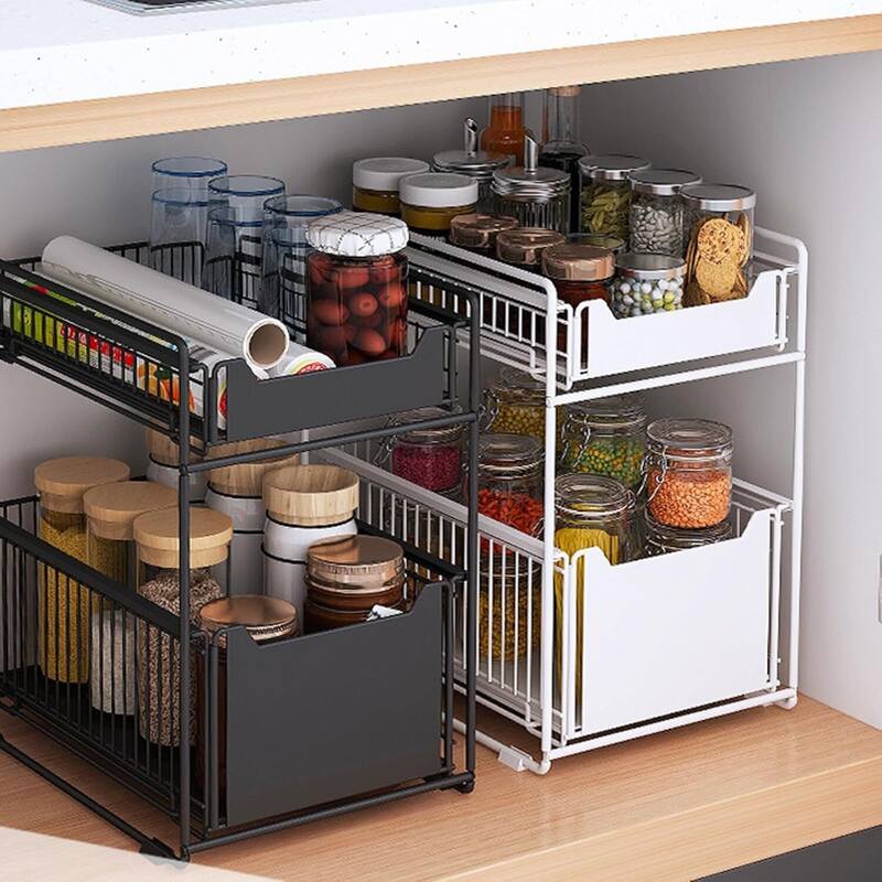 2-Tier Pull Out Under Sink Storage Pantry Shelves Organizer for Kitchen