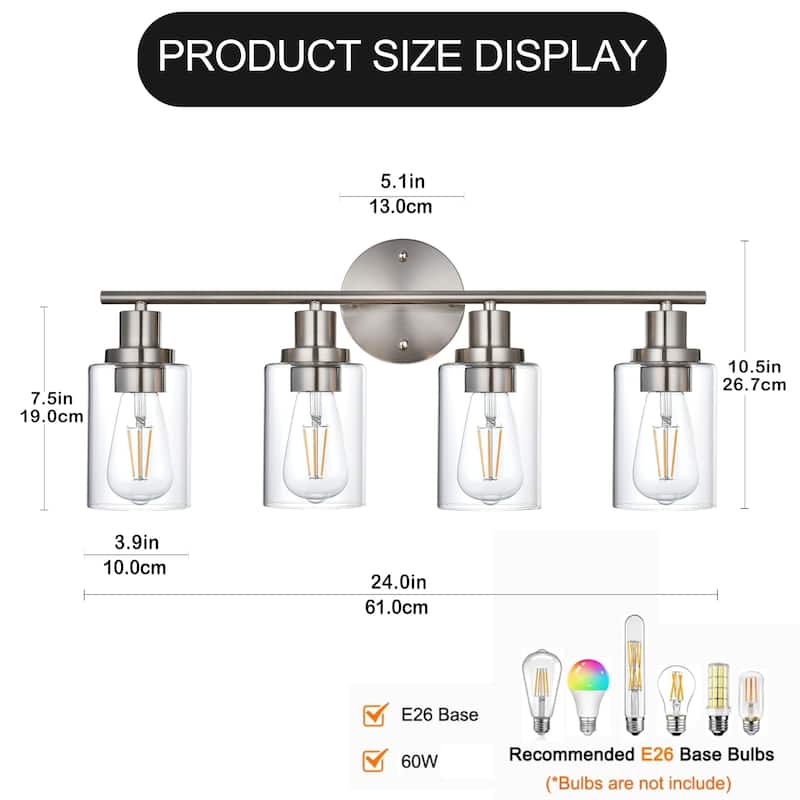4-Light Bathroom Light Fixtures, Brushed Nickel Modern Vanity Lights Over Mirror with Clear Glass Shade, Bathroom Wall Lamp