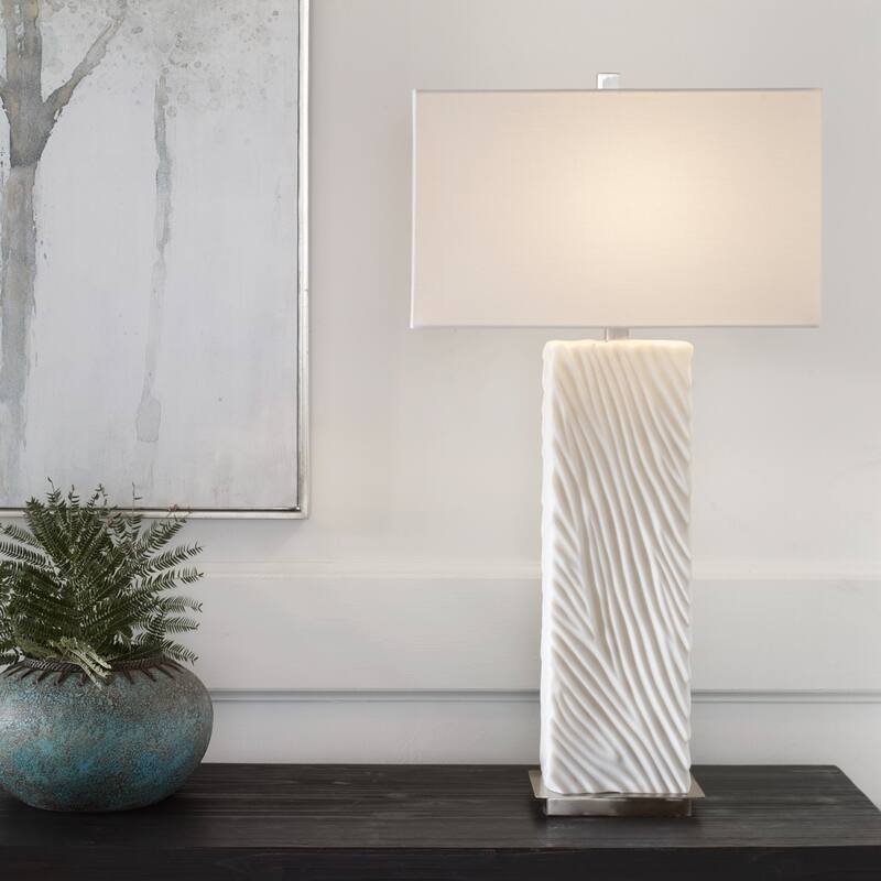 Carved Base Table Lamp with Rectangular Drum Shade - 32" - Cream