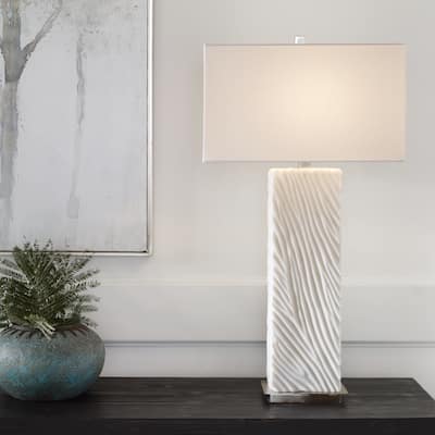 Carved Base Table Lamp with Rectangular Drum Shade - 32" - Cream