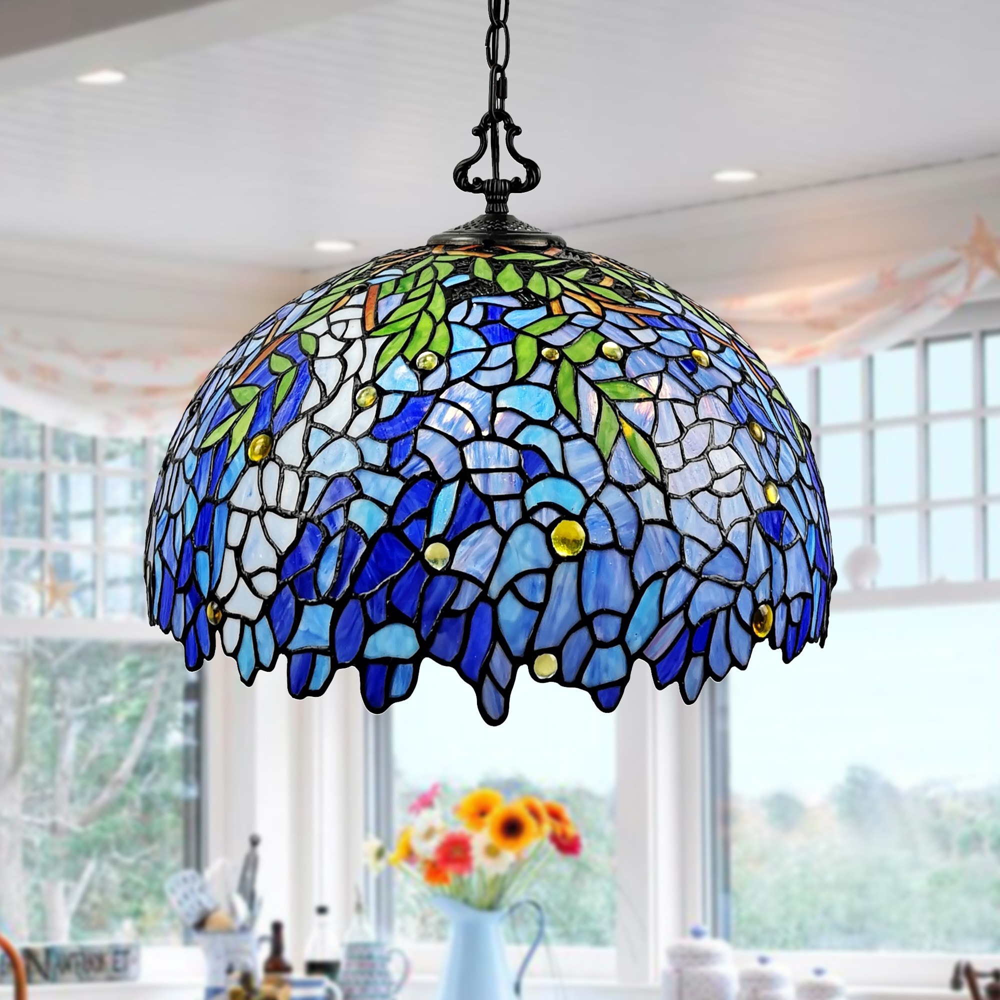 Warehouse of Tiffany Rikkie 2-Light Wisteria Design Stained Glass Shade Tiffany-Style Pendant Lamp
