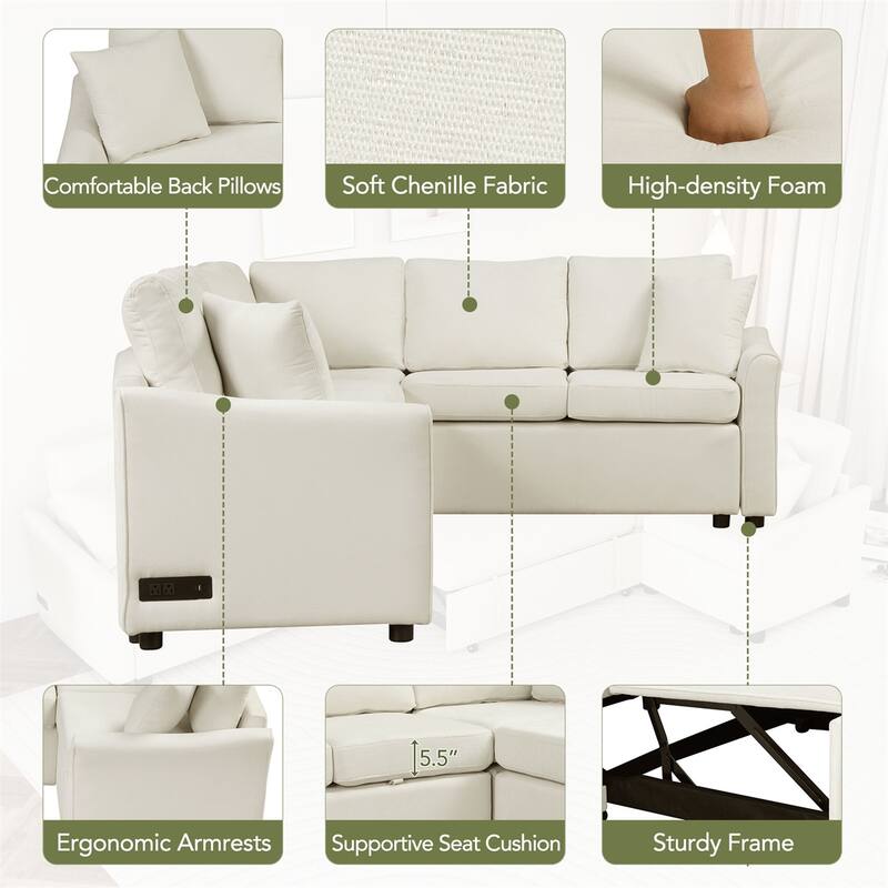 L-shaped Sofa Convertible Sofa Bed Pull Out Sofa Sleeper w/Back Pillow