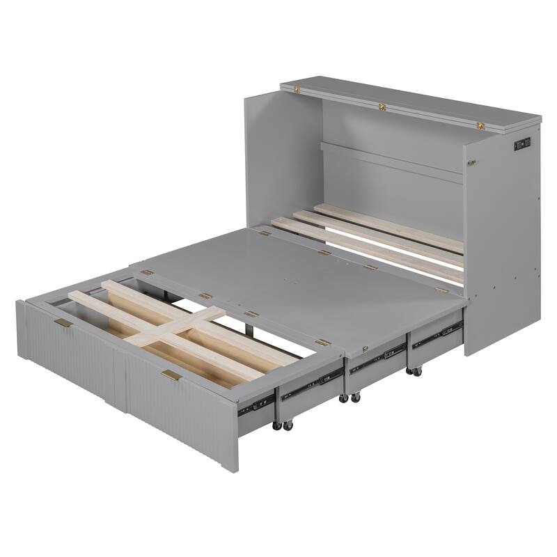 Space-Saving Queen Size Murphy Bed with Drawer, USB Ports, and Pulley Mechanism, Convertible Wall Bed with Flexible Slats
