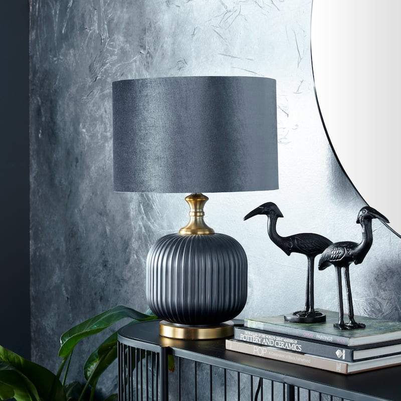 Blue Fabric Ribbed Table Lamp with Velvet Shade and Gold Accents - 13 x 13 x 20 Round