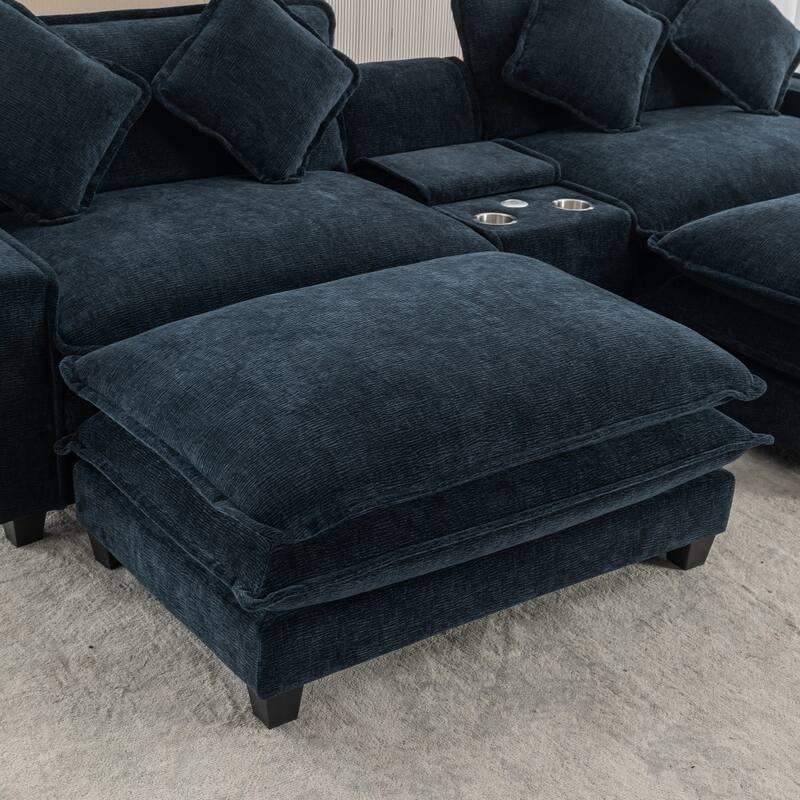 111" Chenille Upholstered Sectional Sofa with 2 Ottomans and 2 USB Ports, 2 Cup Holders