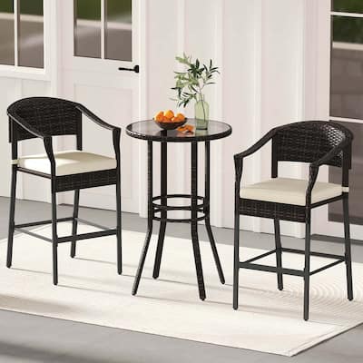 Costway 3 PCS Patio Rattan Bar Set Wicker Armchairs & Round Table with - See Details