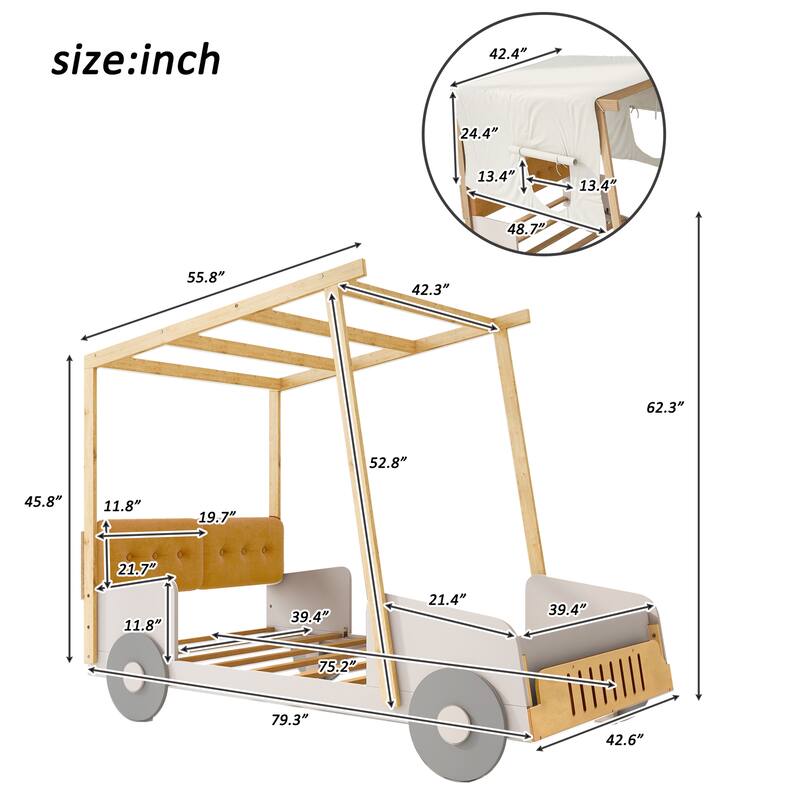 Wood Twin/Full Size Car Bed with Pillow, Ceiling Cloth