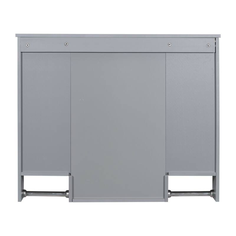 35'' x 28'' Modern Wall Mounted Bathroom Storage Cabinet with Mirror, 3 Doors, Adjustable Shelves, Towel Bar, Black