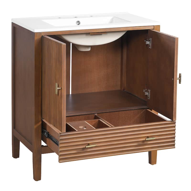 Christopher Knight Home - Mid-Century Freestanding Bathroom Vanity with Ceramic Sink, Flip-Up & Dual Drawers