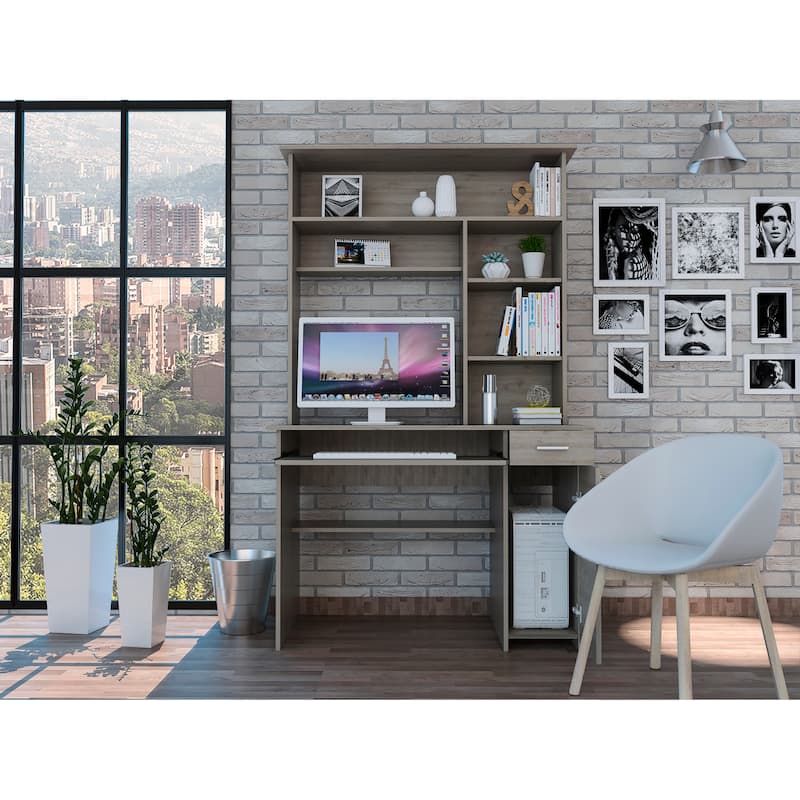 FM Furniture Weston Two Writing Computer Desk, Hutch, Single Drawer and Cabinet, Six Shelves